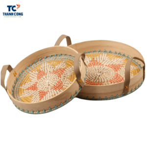 Seagrass Bamboo Tray with handle, round bamboo tray with handles