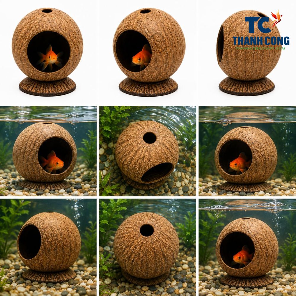 Coconut shell aquarium cave placed among gravel and aquatic plants