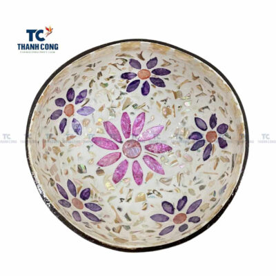 Flower shape mother of pearl inlaid coconut bowl, coconut shell bowls wholesale
