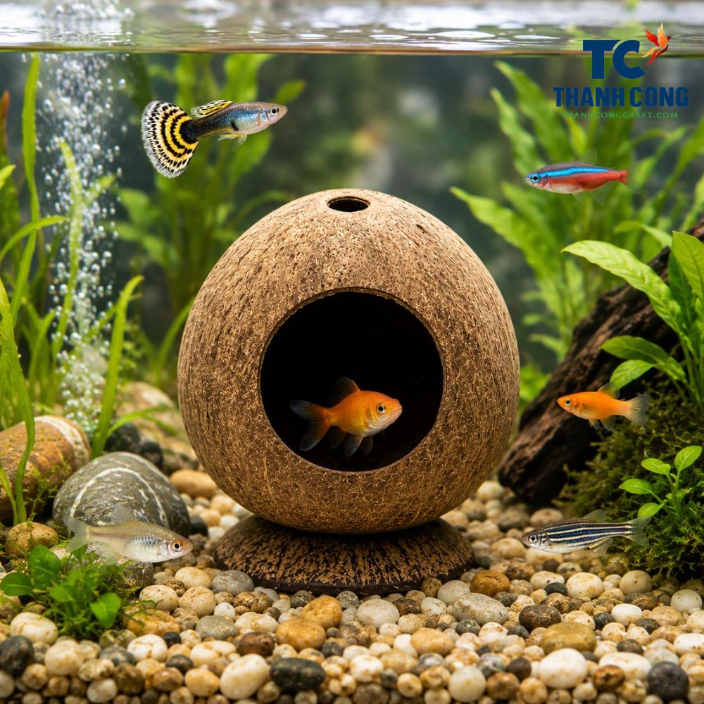Natural coconut shell aquarium cave with fish hiding inside