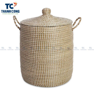 Round Seagrass Basket With Lid, Large Round Seagrass Basket, Round Seagrass Basket With Handles