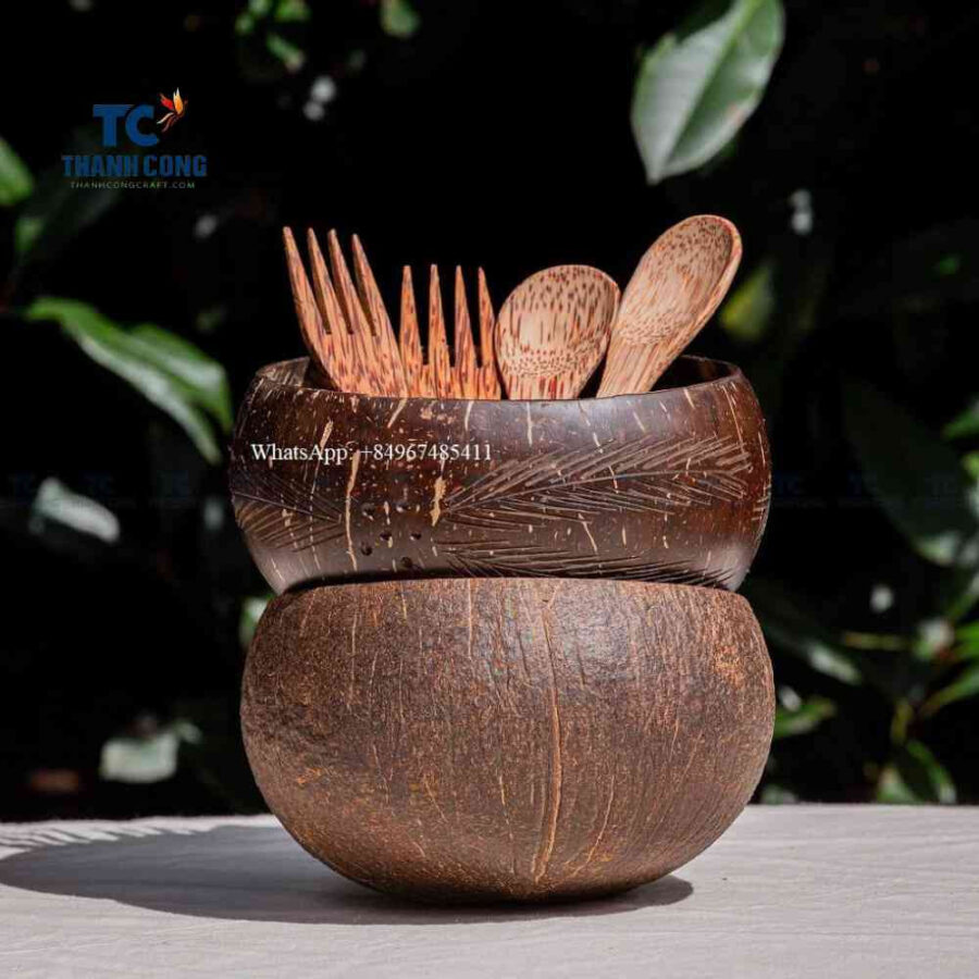 Coconut bowl set with wooden coconut spoon and fork, coconut shell bowls wholesale