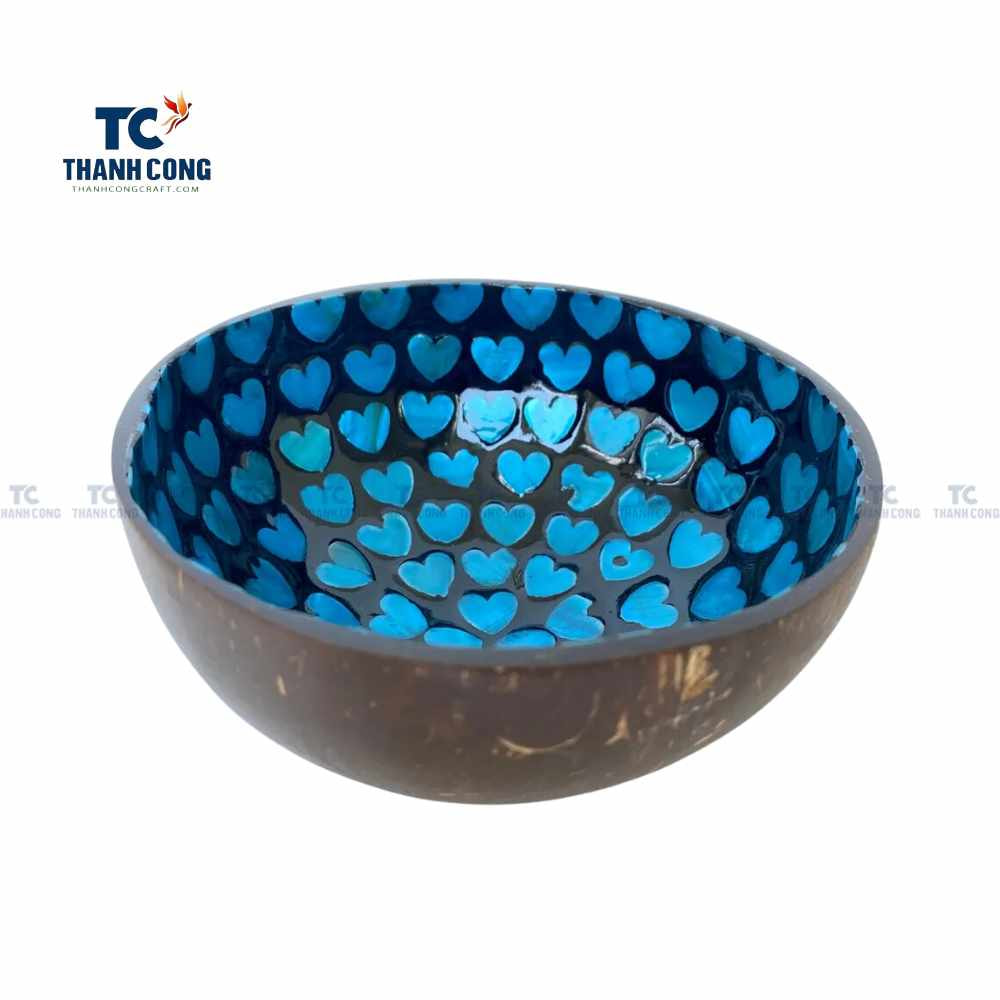 Coconut bowl with blue heart shape mosaic