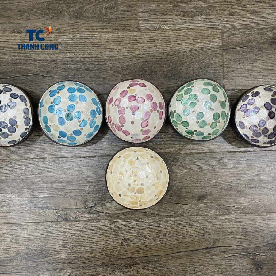 Coconut bowls with colorful polka dot mosaic