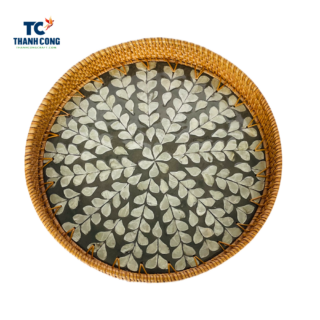 Mother of Pearl Round Rattan Tray with Handles