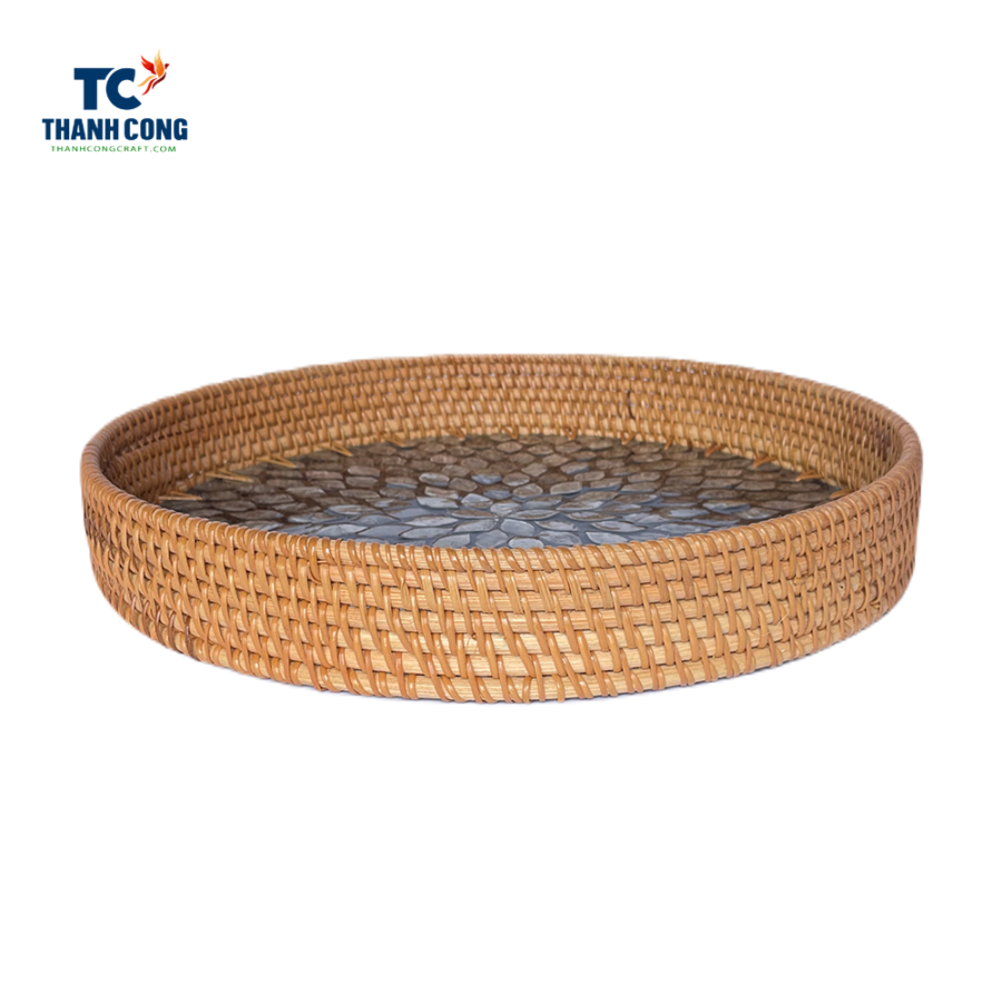 Mother of Pearl Round Rattan Tray with Handles