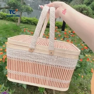 Bamboo Fruit Basket with Lid and Handle for Picnic