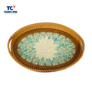 Mother of Pearl Rattan Serving Tray with Handles