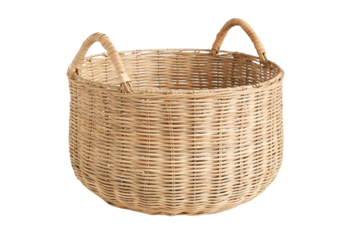 Rattan baskets feature natural tones such as wood, milky white