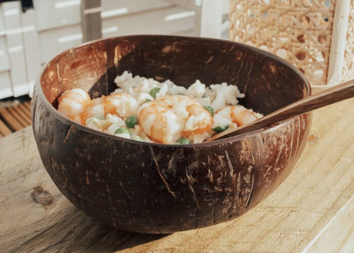 Natural coconut shell bowls bring a distinctive