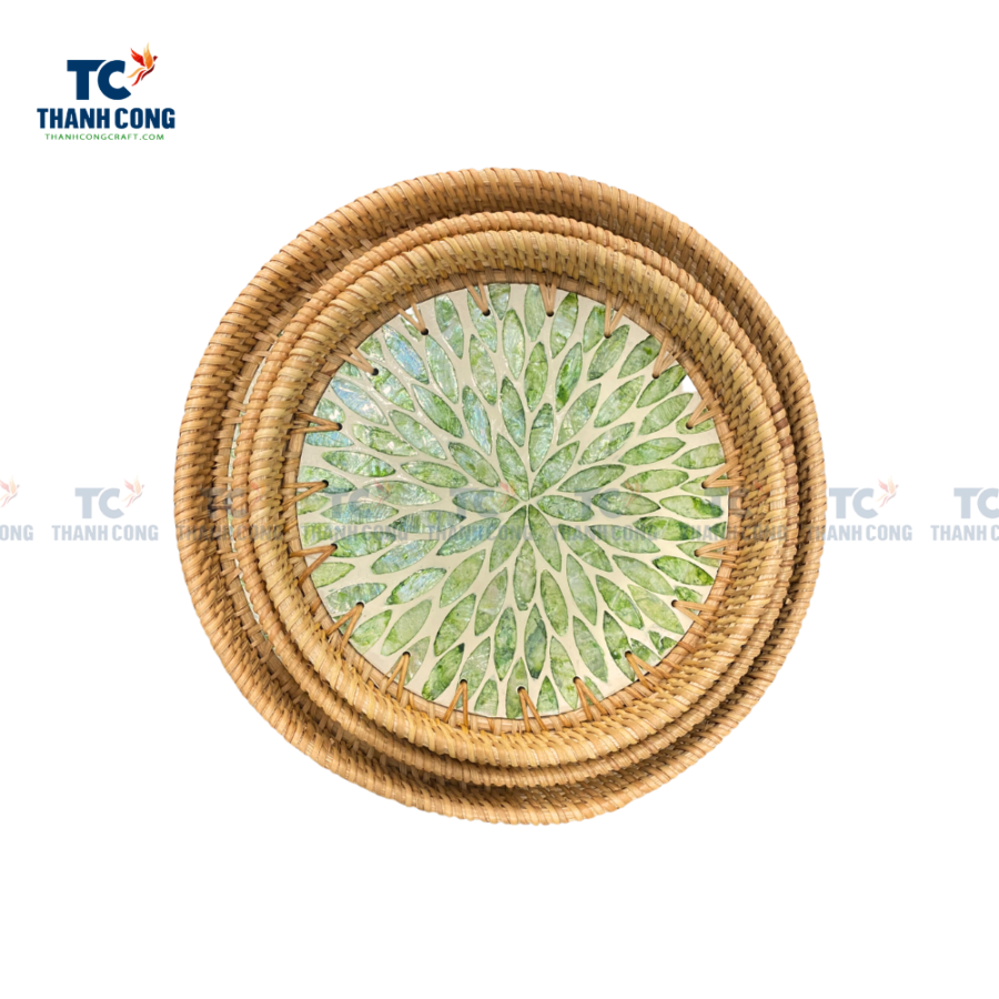 Green Mother of Pearl Rattan Tray (TCKIT-23159)
