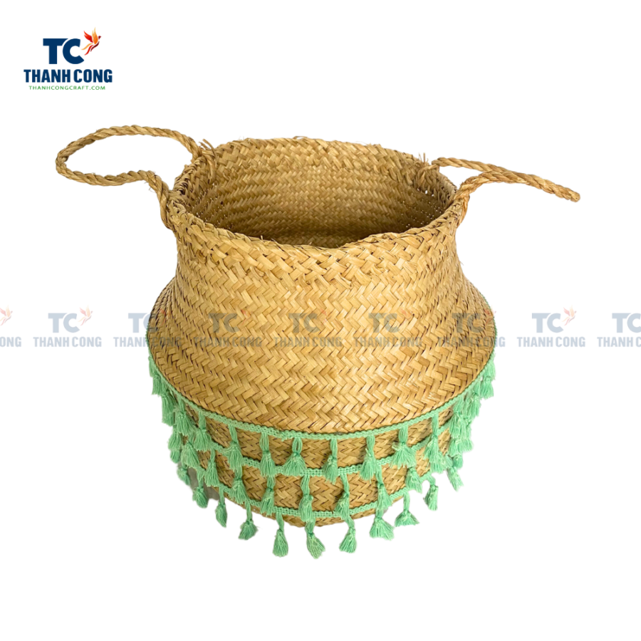 Green Tassel Woven Seagrass Belly Basket (TCSB-23115)