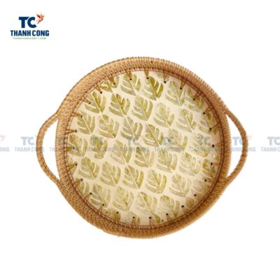Round Mother of Pearl Rattan Serving Tray with Handles