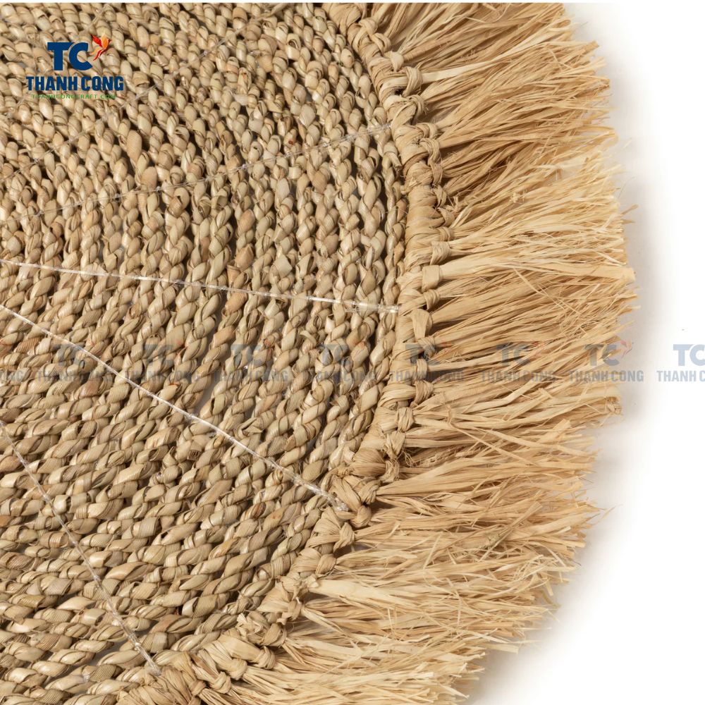 Round natural raffia tabletop with fringes, Woven raffia Placemat
