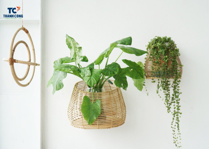 Using nails or command hooks to hang wicker baskets on the wall for storage