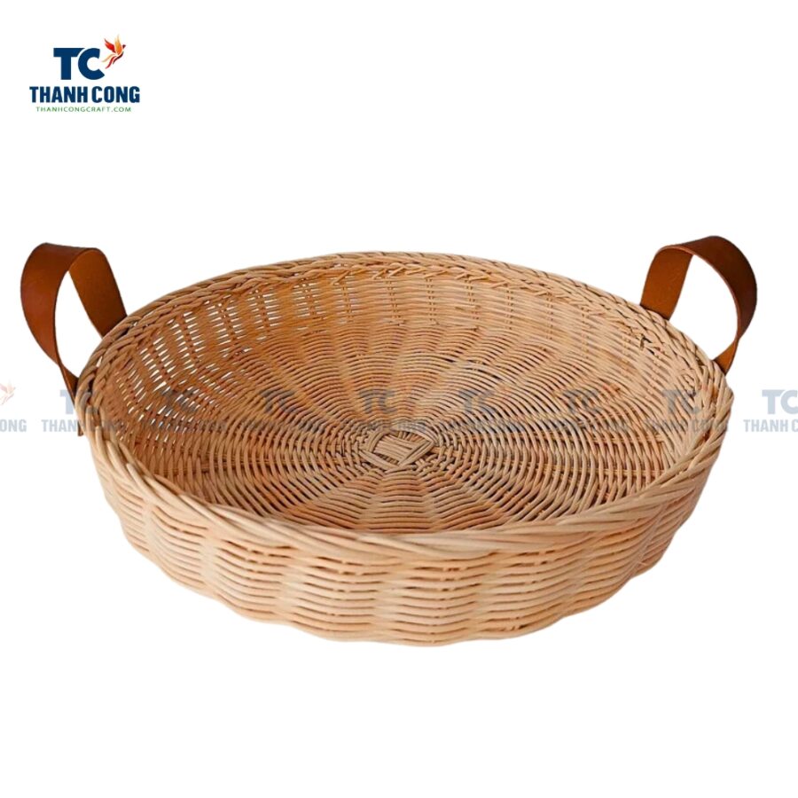 Round Rattan Tray With Leather Handles (TCKIT-24370)