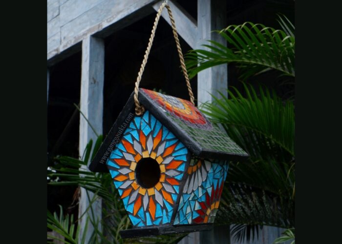 Stained glass mosaic birdhouse