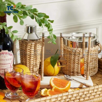 Rattan Ice Bucket With Lid And Tongs (TCKIT-24438)