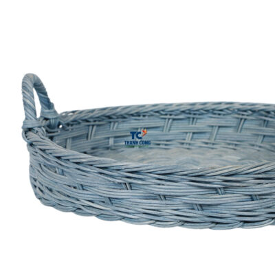 Blue Round Rattan Tray With Handles (TCRTR-8997)