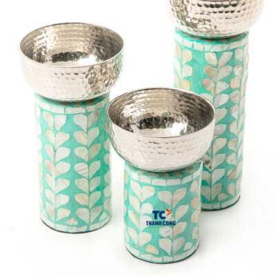 Bowl Set Mother Of Pearl With Green Base Inlaid Heart (TCMBH-8960)