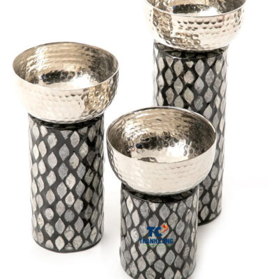 Round Metal Bowl Set With Black Mother Of Pearl Base (TCMBH-8965)