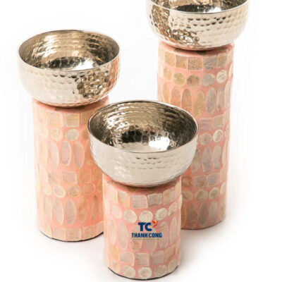 Round Metal Bowl Set With Pink Mother Of Pearl Base (TCMBH-8964)