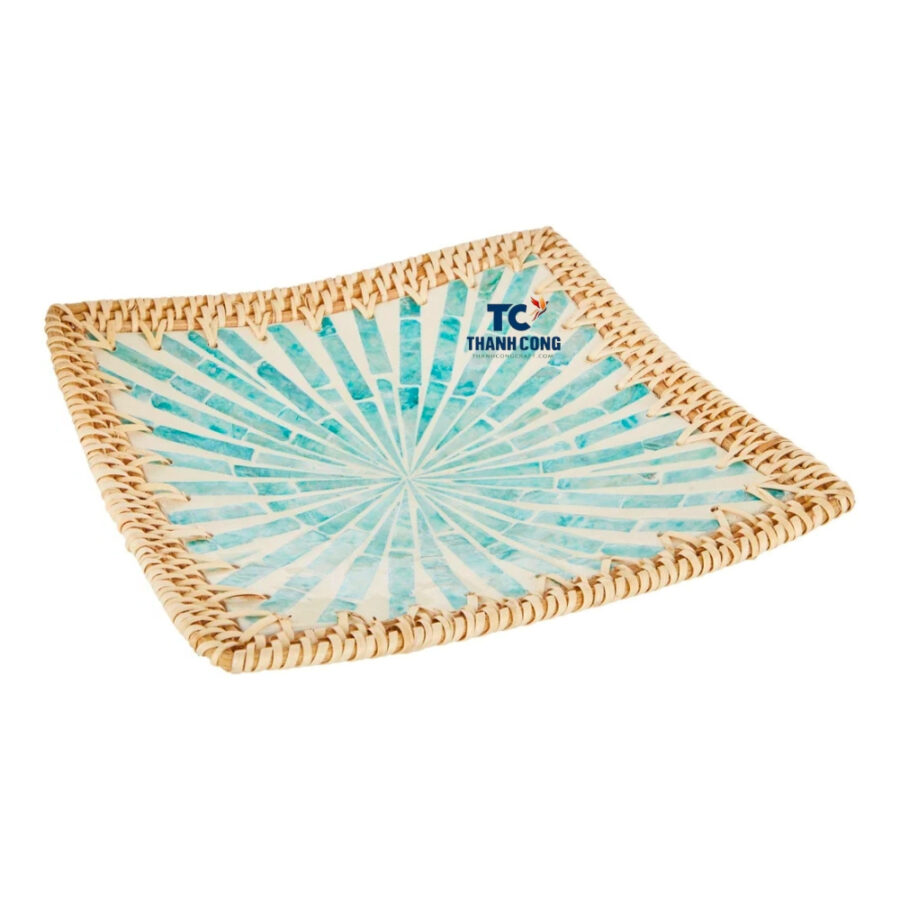 Turquoise mother of pearl rattan tray