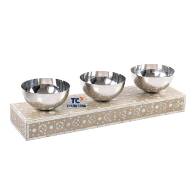 Brown Mother of Pearl Base with 3 Stainless Bowl