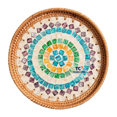 Round Rattan Tray with Mother of Pearl Inlaid