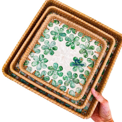 Square Mother of Pearl Base Rattan Tray