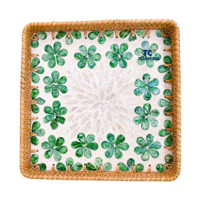 Square Mother of Pearl Base Rattan Tray