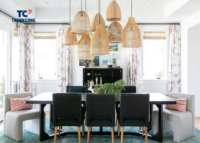 Ceiling rattan lamps have many designs and models at Thanh Cong Craft