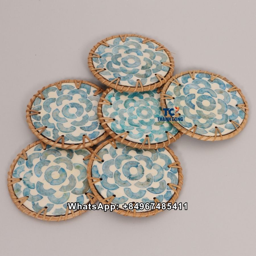 Wholesale Blue Floral Rattan Coasters