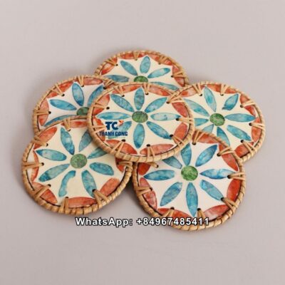 Wholesale Blue Flower Rattan MOP Coaster - TCRCO 8933