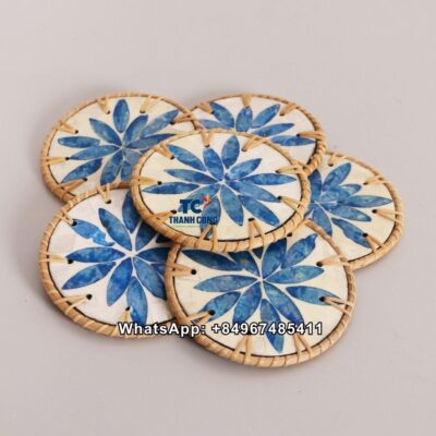 Wholesale Blue Leaf Rattan Mother Of Pearl Coaster - TCRCO 8914