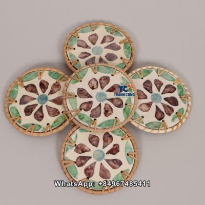 Wholesale Brown Flower Rattan MOP Coasters Set - TCMCO 8948