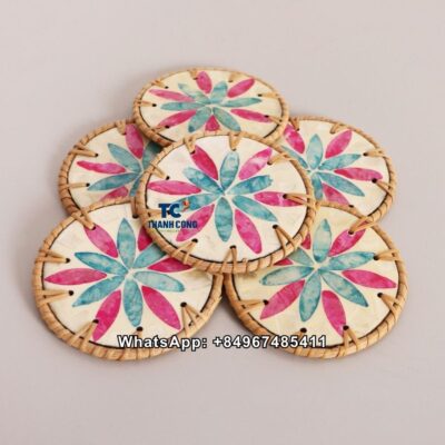 Wholesale Colorful Leaf Rattan Mother Of Pearl Coaster - TCRCO 8916