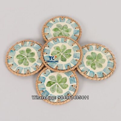 Wholesale Green Flower Rattan MOP Coasters Set - TCMCO 8941