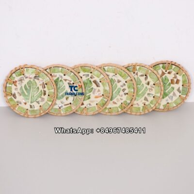 Wholesale Green Leaf Rattan MOP Coasters Set - TCMCO 8940