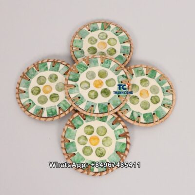 Wholesale Green Rattan MOP Coaster Set - TCMCO 8955