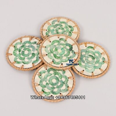 Wholesale Green Shape Rattan MOP Coaster Set - TCMCO 8954