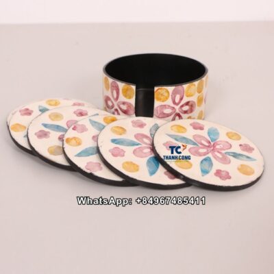 Wholesale Mother of Pearl Coasters with Floral Inlay and Holder