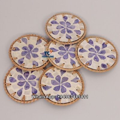 Wholesale Purple Flower Rattan MOP Coasters Set