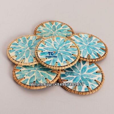 Wholesale Sky Blue Leaf Rattan MOP Coaster - TCRCO 8911