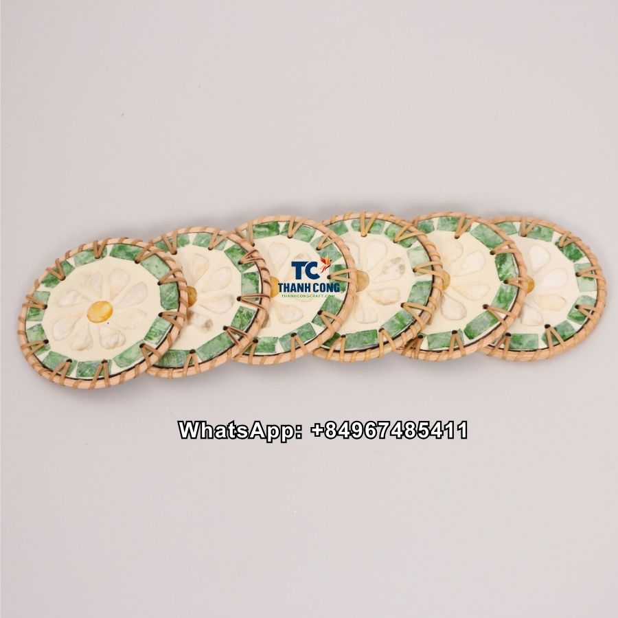 Wholesale White Flower Rattan MOP Coasters Set - TCMCO 8950