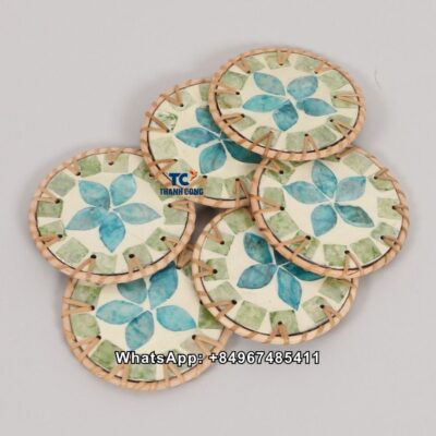 Wholesale Woven Green Flower Rattan MOP Coaster - TCRCO 8935