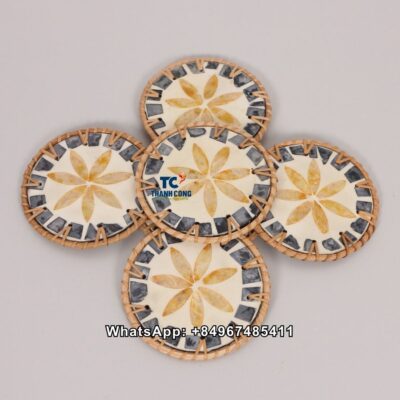 Wholesale Yellow Flower Rattan Mother Of Pearl Coaster - TCRCO 8917