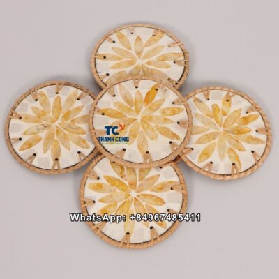 Wholesale Yellow Leaf Rattan Mother Of Pearl Coaster - TCRCO 8915