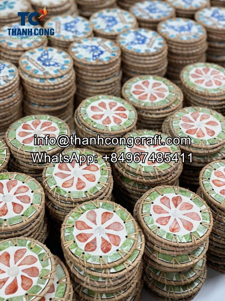 wholesale Rattan mother of pearl coasters set of 6 (2)