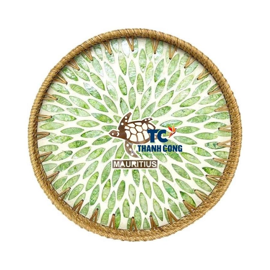 Round Rattan Tray Mauritius Design With Shell Inlay Wholesale - TCILM 17